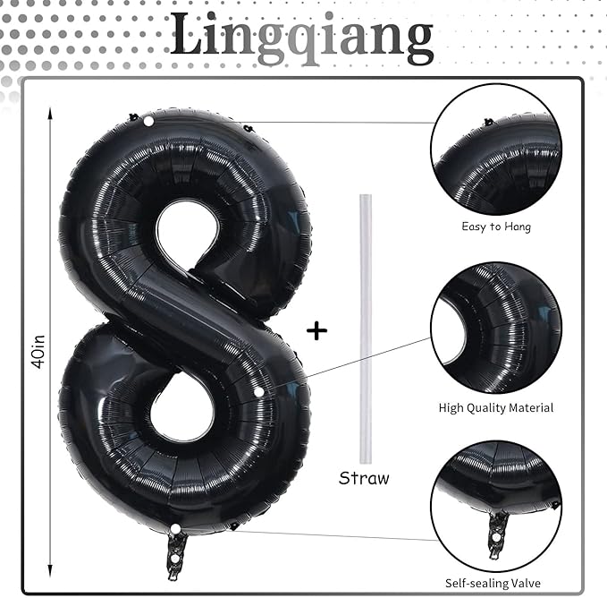 Black Number 8 Balloons, 40 Inch 8th Birthday Foil Balloon for Boys Girls, Giant Self Inflating Helium Mylar Foil Number Balloons 0-9 for Women Men 18th 80th Anniversary Party Decorations Supplies