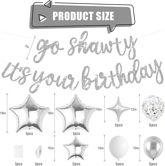 Silver Go Shawty It's Your Birthday Banner Balloons Set, Glitter Happy Birthday Banner with Silver White Confetti Balloon Star Foil Balloon for Man Women Hip Hop Rap Theme Birthday Party Decorations