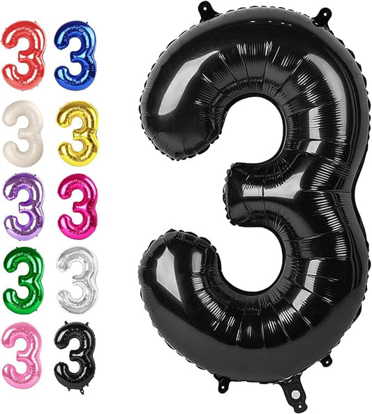 40 Inch Black 3 Large Number Balloon, 3 13 23 30 33 36 38 Black Birthday Party Decorations, Numbers Three Foil Balloons for Anniversary Graduations Celebration Supplies