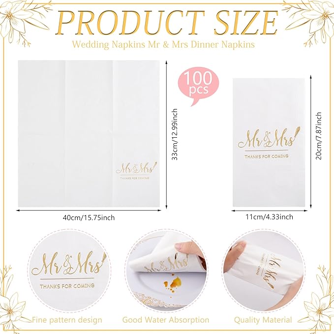 200PCS Gold Napkins - 3-Ply Mr and Mrs Napkin - Disposable Dinner Paper Napkins for Table Decorations, Ideal for Weddings, Showers, Engagement Parties