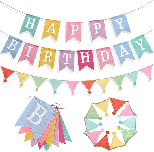 Happy Birthday Banner, Birthday Decorations with Pennant Flags, Colorful Imitated Burlap Birthday Signs with Cotton Crepe Triangle Bunting for Women Girls Boys Kids, Birthdate Party Celebration Backdrops