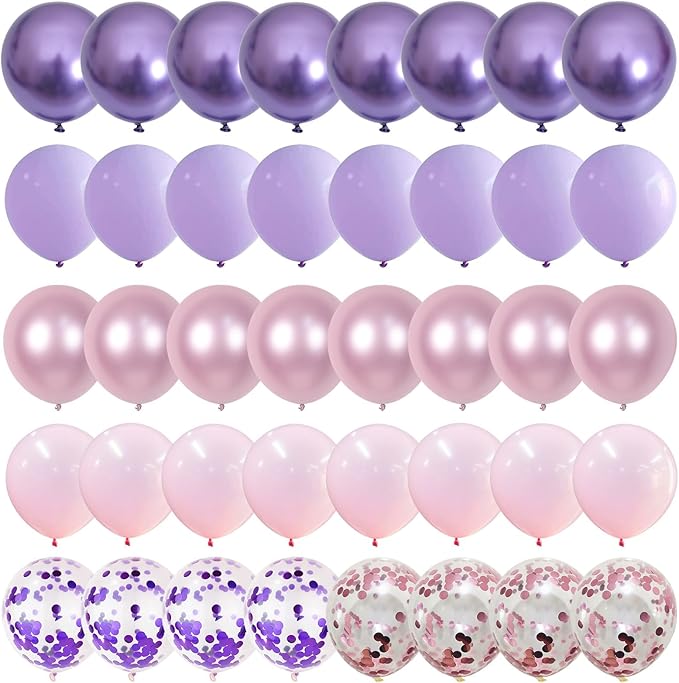 Pastel Pink and Purple Balloons, 12 Inch Light Purple Baby Pink Confetti Balloons with Metallic Lilac Latex Balloon Set for Girls Women Butterfly Birthday Baby Bridal Shower Wedding Party Decorations