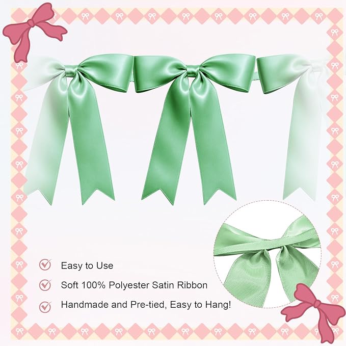 1 String of 8PCS Sage Green Bow Garland Banner Decoration,Pre-Strung Satin Ribbon Ornaments for Birthday,Bachelorette Party,Bridal Shower,Wedding,Engagement,Baby Shower,Graduation Decor,Anniversary