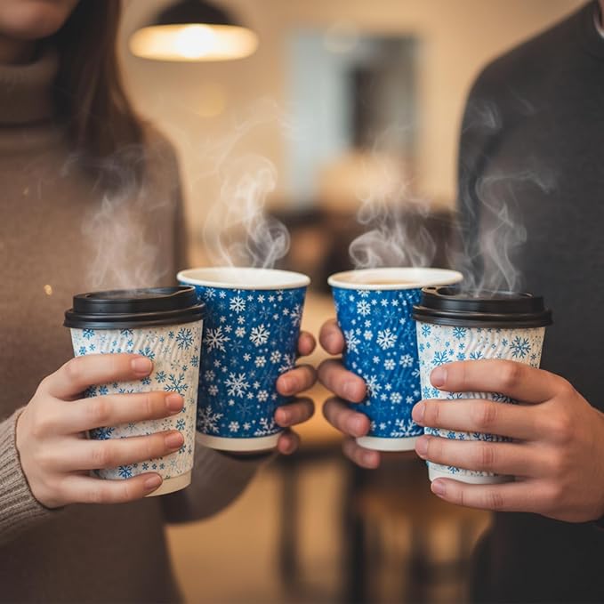 Pickmesh 100 Pcs Christmas Disposable Coffee Cups with Lids 12 oz Corrugated Paper Cups Blue and White Snowflake Drinkware for Xmas Winter Holiday Hot and Cold Beverages Home Party Supplies