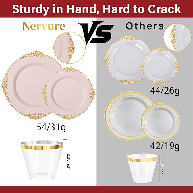 Nervure 175PCS Pink Plastic Plates - Disposable Pink Gold Party Plates & Pre Rolled Napkins with Cutlery for 25 Guests, 50Plates, 75Silverware, 25Cups, 25Napkin for Wedding & Party