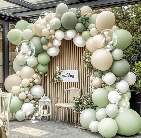 Dusty Green White Balloon Arch Double Stuffed Light Sage Green White Sand Pearl Balloon Garland Kit Olive Beige Cream Balloons for Baby Shower Birthday Bridal Wedding Woodland Wild One Party Decor
