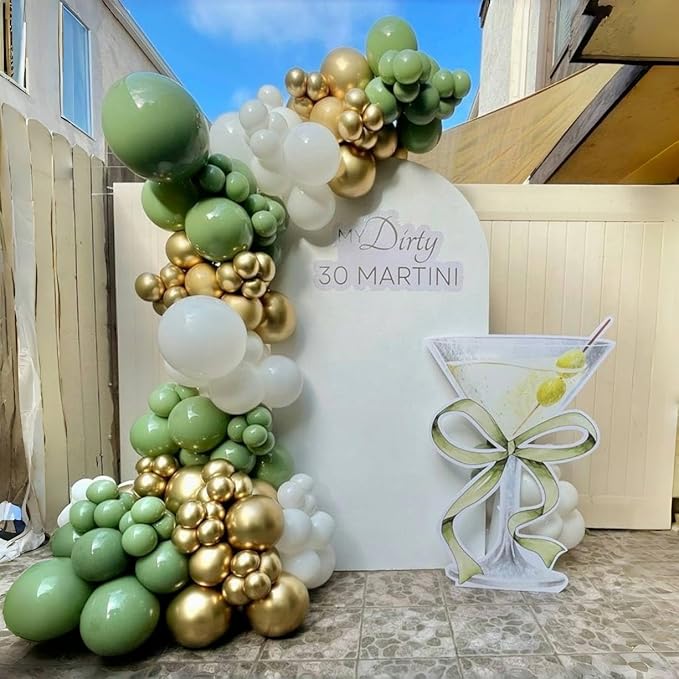 Sage Green and Gold Balloons, 12 Inch Olive Green White Metallic Gold Confetti Latex Balloons Set, Retro Green Gold Balloons for Girls Women Birthday Wedding Jungle Baby Shower Party Decorations