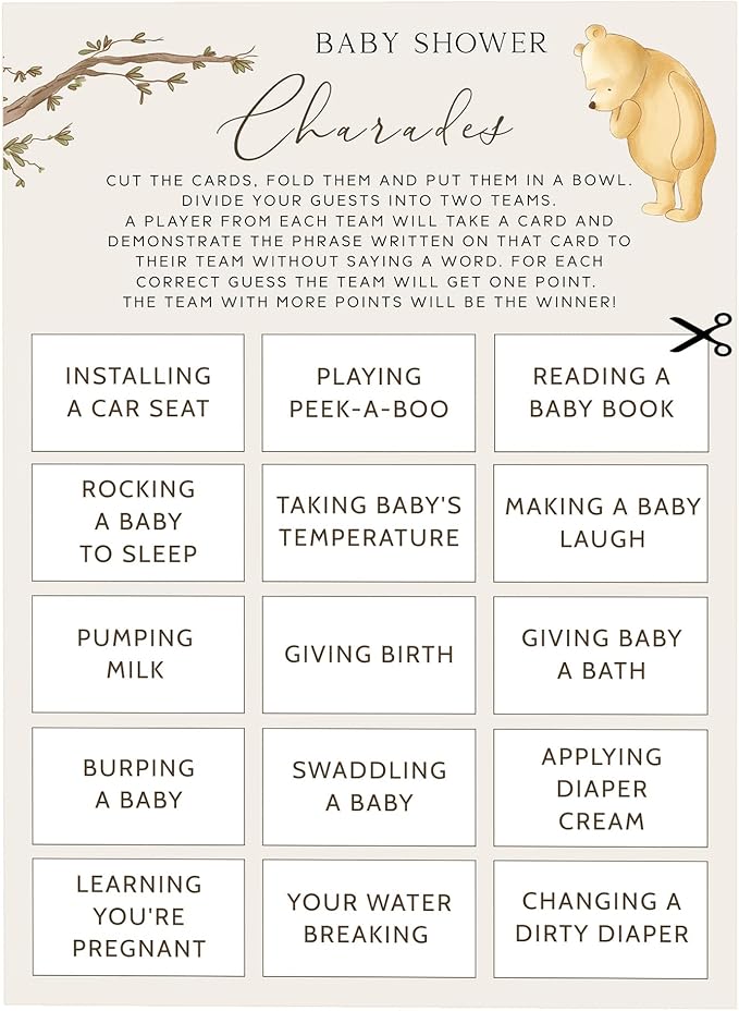 Winnie Baby Shower Games, Baby Shower Charades, Baby Shower Game Cards, Set of 30, Winnie The Pooh Party Favors, Baby Shower Party Games Supplies & Activities, Baby Shower Decorations