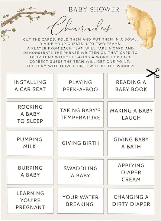 Winnie Baby Shower Games, Baby Shower Charades, Baby Shower Game Cards, Set of 30, Winnie The Pooh Party Favors, Baby Shower Party Games Supplies & Activities, Baby Shower Decorations