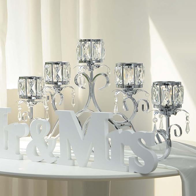 Silver 5 Arms 26.8 Inches Wide Crystal Pendant Bowl Tea Light Candle Holder, Large Bling Centerpiece Table Decorations, Metal Votive Candle Holders for Dining Table (Silver, Cup-Shaped)