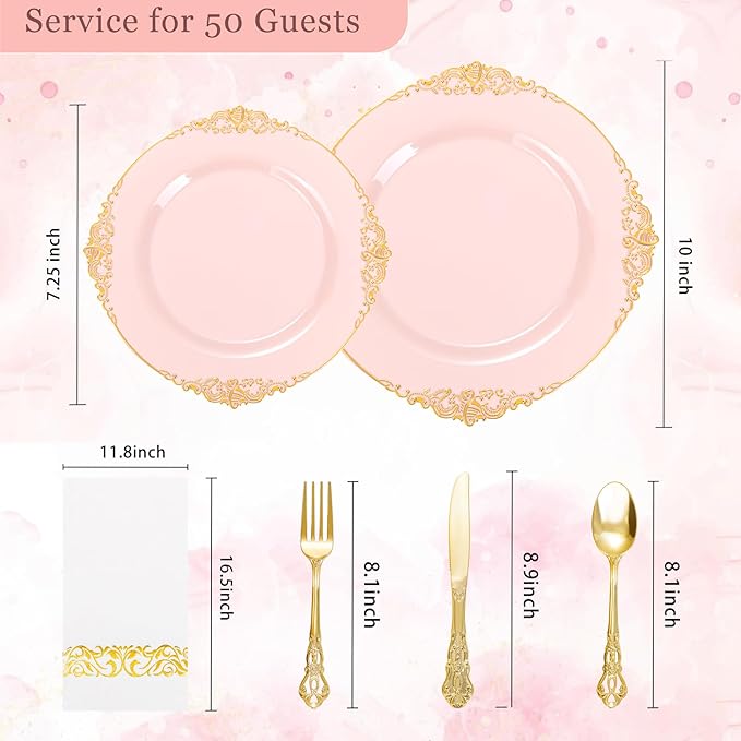 Ciaell 300PCS Pink and Gold Plastic Plates - Pink Disposable Dinnerware Sets for 50 Guests - 100 Plates, 50 Knives, 50 Forks, 50 Spoons, and 50 Napkins for Wedding, Anniversary and Party