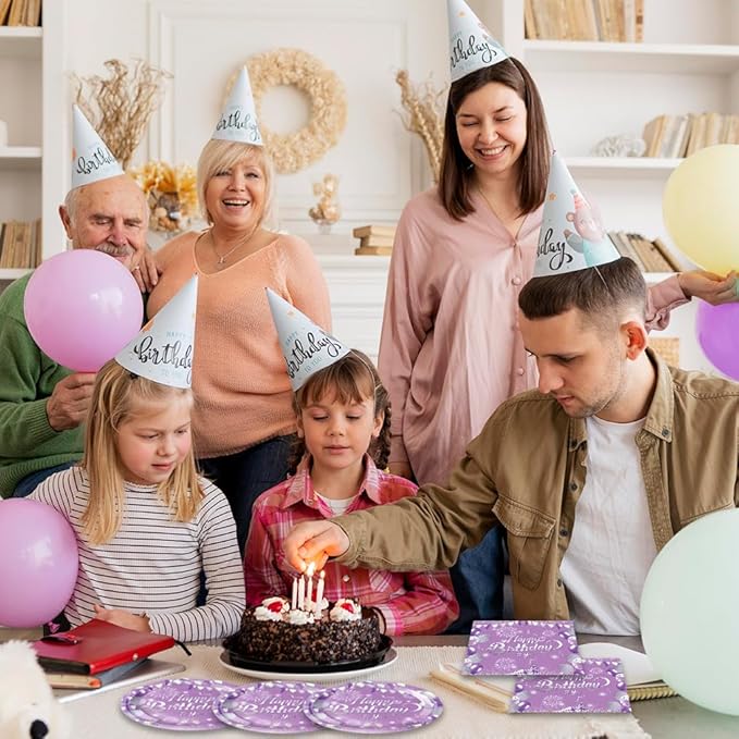 40pcs Purple Birthday Party supplies Purple Silver party Tableware Set Confetti Sprinkles Happy Birthday Party Decorations for Women Girls Disposable Desserts Plates and Napkins