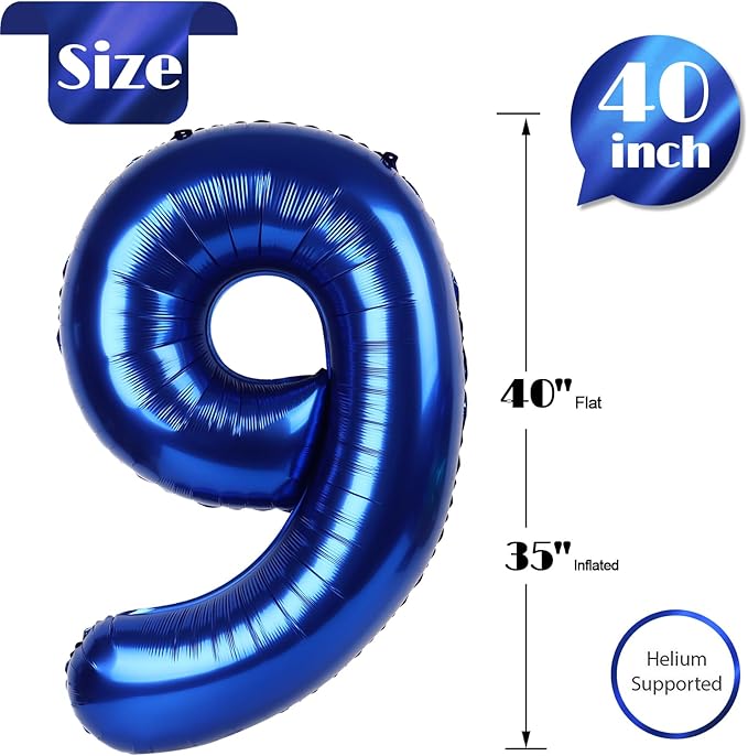Night Blue Number 9 Balloon 40 Inch, 9th Birthday Party Decorations for Children, Giant 9 Foil Balloon for Party Supplies