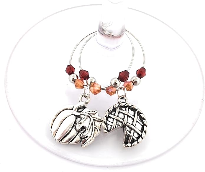 Thanksgiving Wine Charms, Turkey, Leaf, and Pumpkin Wine Charms, Thanksgiving Gifts, Glass Tag Identifier, Cornucopia, Apple Pie, Wishbone, Dinner Party Supplies and Party Favors - 6 Pack