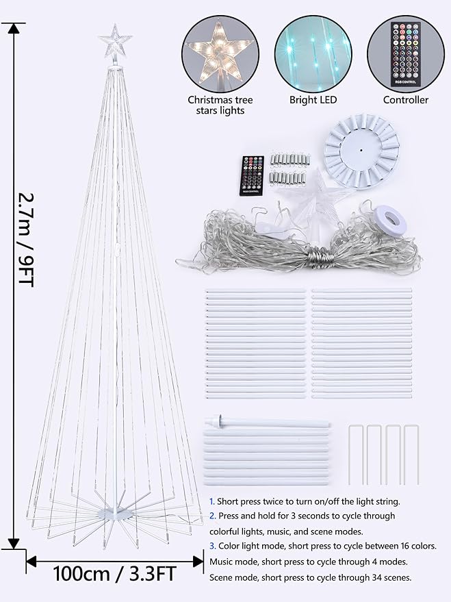 Flacchi Smart Christmas outdoor Tree Lights - 8.8FT Star Tree Topper with Removable Bracket, App Control, Sync with Music, Waterfall Colored Lights for Holiday Outdoor Decorations (8.8FT/ Rope Lights)