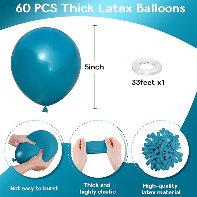 Peacock Blue Balloons 5 Inch, 60Pcs Small Turquoise Balloon Teal Blue Latex Balloons 5'' Mini Matte Dark Teal Aqua Blue Helium Balloons for Birthday Baby Shower Wedding Whale Party Decorations
