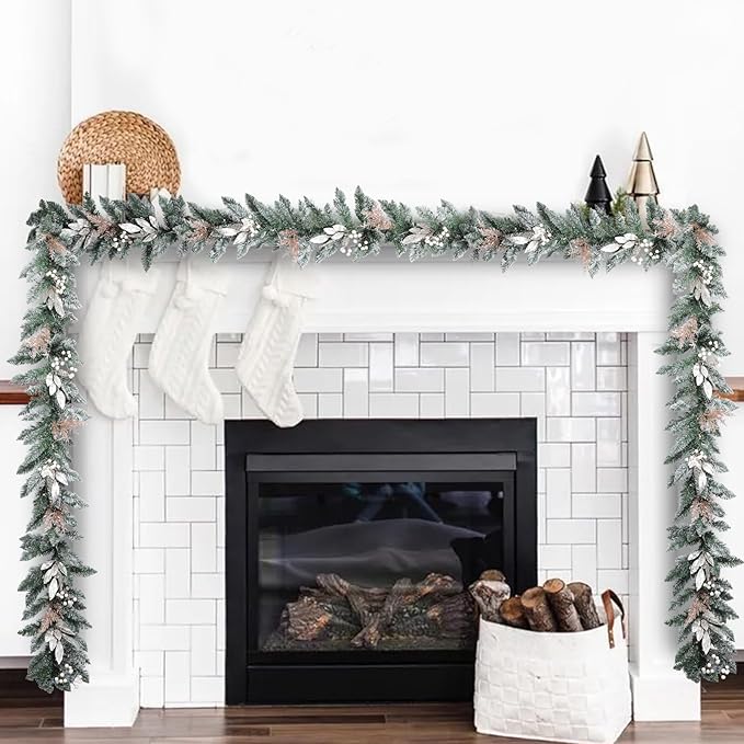 Bdor 6FT Christmas Garland with Glitter Leaves and Berries – Pre-Lit Artificial Pine Garland with Champagne Gold Accents – Elegant Holiday Decoration for Mantel, Staircase, Fireplace, and Front Door