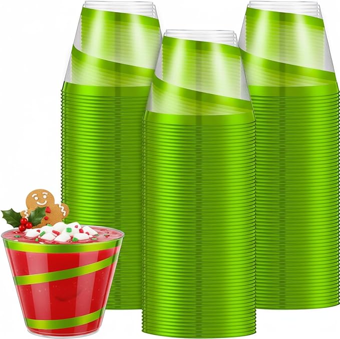 Gejoy 9 oz Rimmed Swirl Plastic Cups Disposable Wine Drinking Cups Clear Elegant Halloween Tumblers for Christmas Party Supplies(Sage Green,100 Pcs)