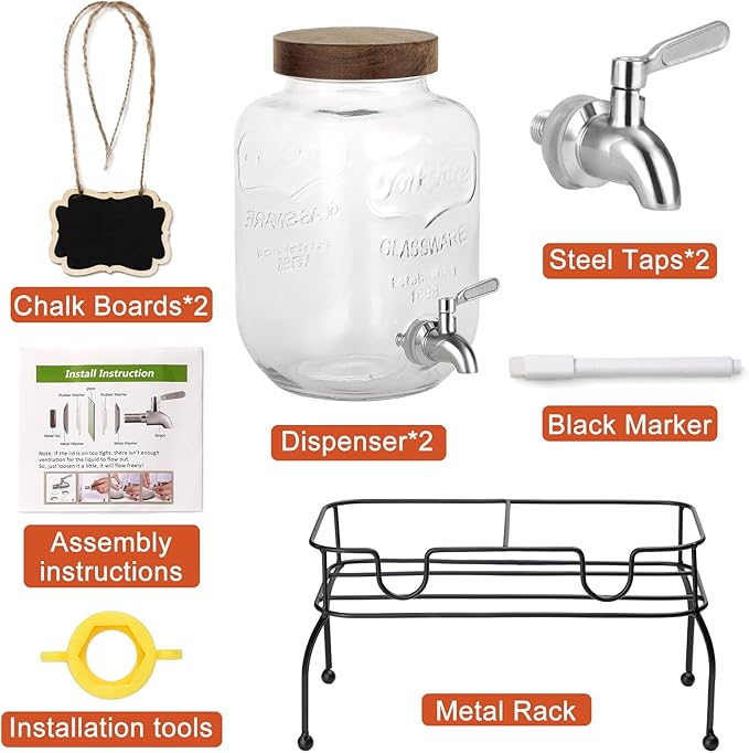 1 Gallon Glass Drink Dispenser with Stand, Juice Dispenser, Drink Dispensers for Parties, Glass Water Dispenser with Stainless Steel Spigot, Lemonade Dispenser, Set for 2