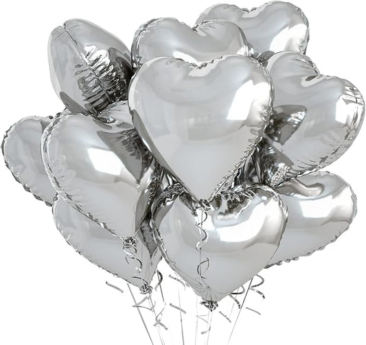Biapian Silver Heart Balloons, 10PCS Valentines Balloons 18inch Love Foil Balloons for Helium Birthday Decorations for Valentines Day, Wedding, Birthday, Baby Shower
