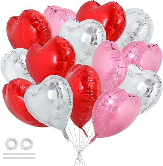 TONIFUL 30Pcs 18 Inch Heart Balloons Red Silver Pink Valentine’s Day Heart Shape Foil Mylar Balloons Decoration for Valentine's Day Wedding Bridal Shower Anniversary Engagement Party Supplies