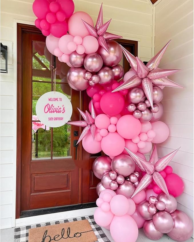 Pink Balloon Garland Arch Kit with Star Foil Balloons, Metallic Pink Matt pink Hot pink Pastel pink Balloons Arch Kit for Girls Women Birthday Wedding Baby Shower Princess Theme Party Decorations