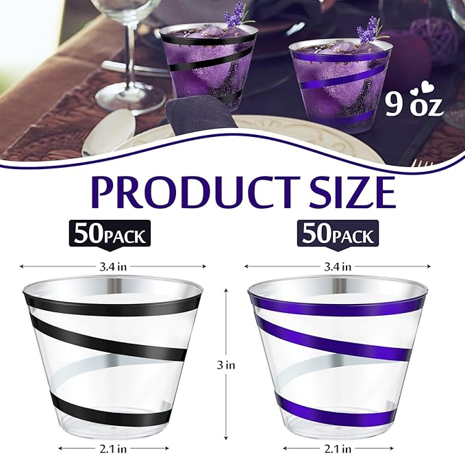 Gejoy 9 oz Rimmed Swirl Plastic Cups Disposable Wine Drinking Cups Clear Elegant Halloween Tumblers for Christmas Party Supplies(Purple, Black,100 Pcs)