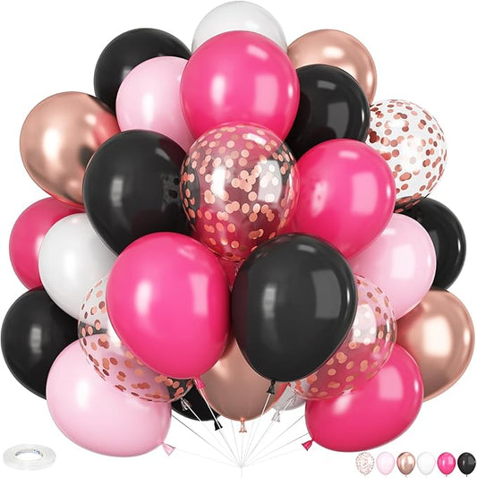 Pink and Black Balloons, 60PCS 12 Inch Hot Pink and Black Balloon Rose Gold Confetti Balloons for Hot Girls Women Birthday Party Baby Bridal Shower Party Decorations