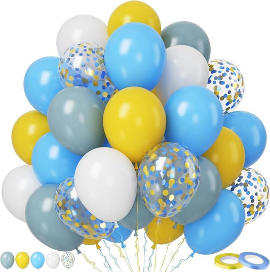 Paready 50pc Blue & Yellow Balloons - 12in Dusty Blue, White & Yellow Latex Balloons with Confetti for Boys Birthday, Baby Shower, Anniversary & Wedding