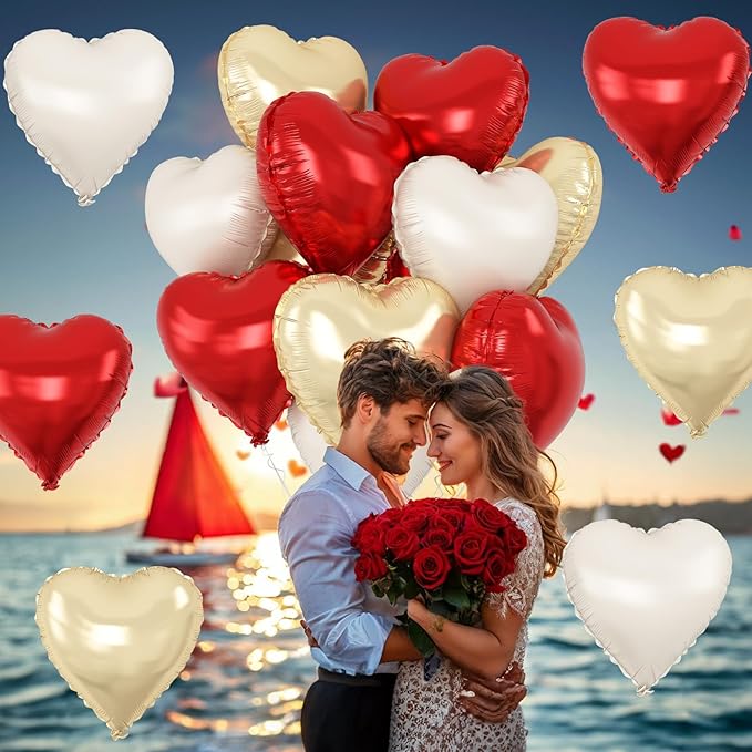 Red Gold Heart Balloons Foil, 12Pcs 18 Inch Metallic Red Gold Cream Beige Heart Shape Foil Balloon for Girls Women Birthdays Wedding Baby Shower Valentines Mother's Day Xmas Christmas Party Decor