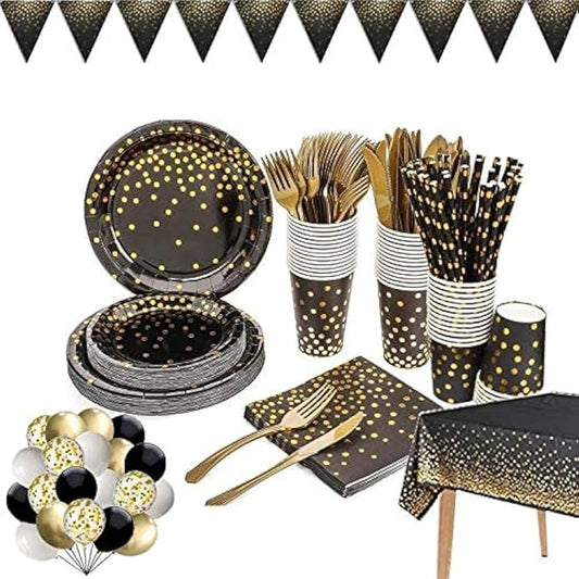 142 piece black and gold party supply set Gold polka dot party tableware including black paper dinner plates napkins paper cups and more. For graduations, birthdays, cocktail parties etc.