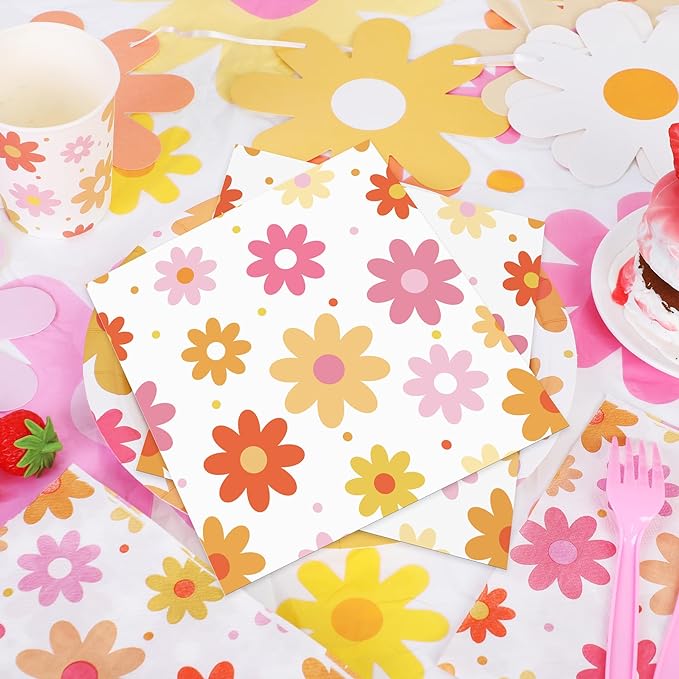 60 PCS Daisy Paper Napkins Groovy Daisy Boho Dinner Napkins Disposable Flower Decorative Party Napkin for Baby Shower Birthday Wedding Seasonal Holiday Party Supplies