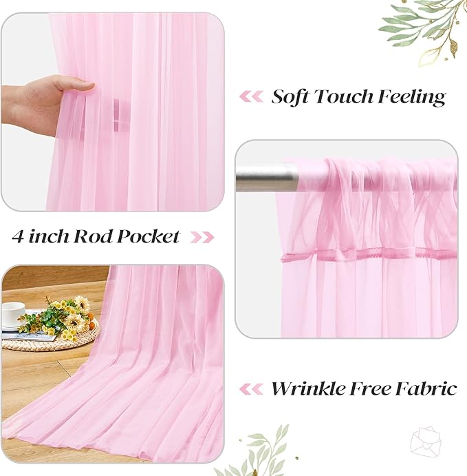 10ft x 8ft Pink Backdrop Curtain with Lights String for Parties, Sheer Tulle Wedding Photo Backdrops Drapes for Baby Shower Birthday Party Decorations Background for Photography