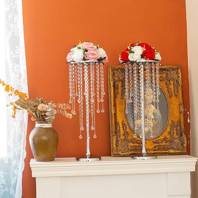 10 Pcs Wedding Centerpieces Vase, 21.6" Silver Metal Flower Holders Centerpiece Vase with Chandelier Crystal,for Reception Tables Décor Wedding Anniversary Party Events