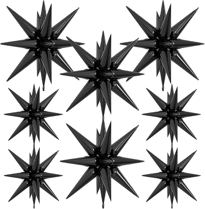 8Pcs Star Balloons, Explosion StarBalloons One-Piece 14 Point Black Foil Balloon 22 Inch 4D Spike Mylar Balloon for Happy New Year Wedding Anniversary Backdrop Birthday Party Decorations