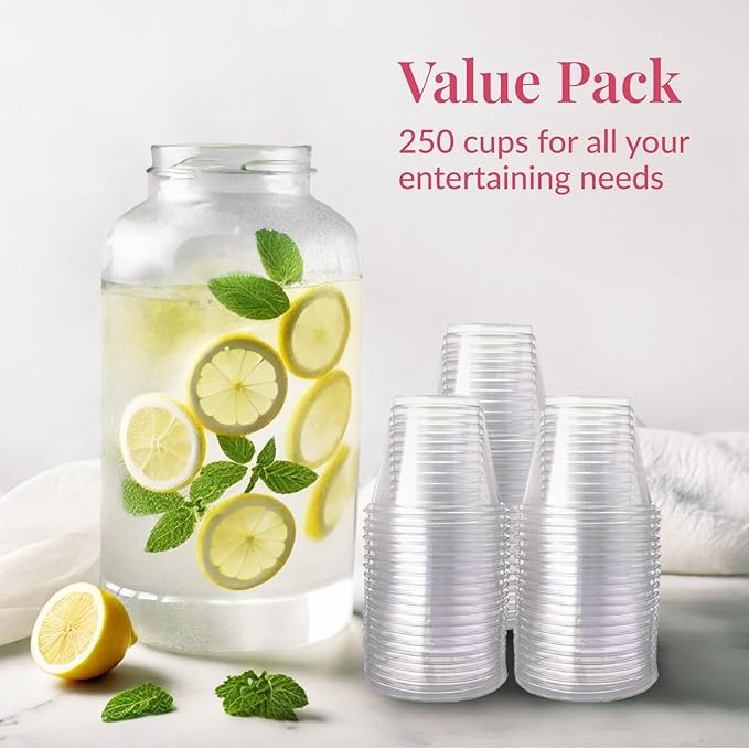 Prestee 250-Pack - 9oz Clear Plastic Cups - Durable Disposable Plastic Wine Glasses for Party, Weddings, and Catering - Small Drinking Glasses for Cocktails and Beverages - Heavy-Duty Fruit Punch Cups