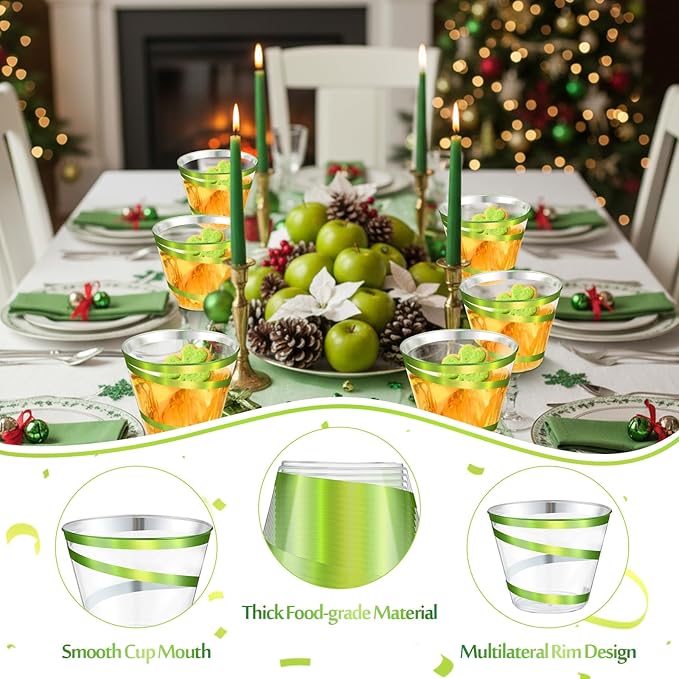 Gejoy 9 oz Rimmed Swirl Plastic Cups Disposable Wine Drinking Cups Clear Elegant Halloween Tumblers for Christmas Party Supplies(Sage Green,100 Pcs)