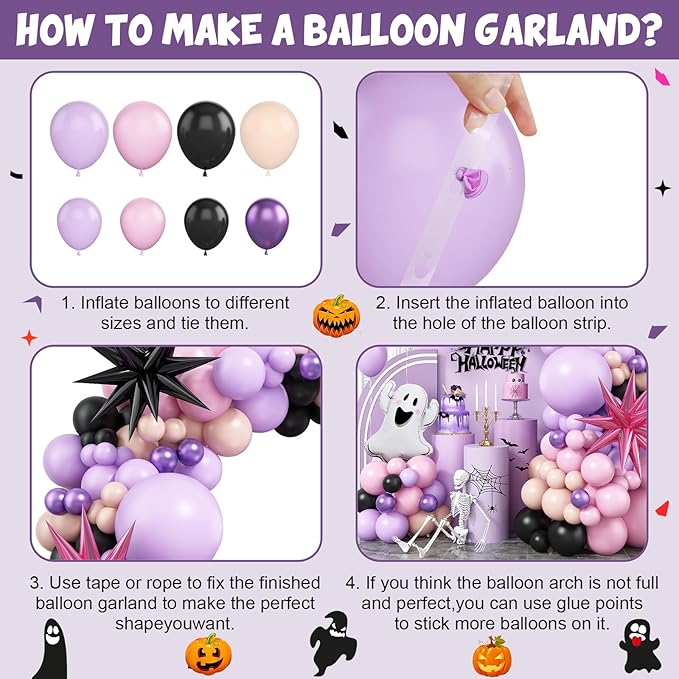 Pastel Halloween Balloon Arch Kit, Purple Pink Orange Black Balloons Garland with Cute Ghost Balloons Pink Explosion Star Foil Balloons for Girls Spooky Birthday Party BOO Halloween Party Decoration