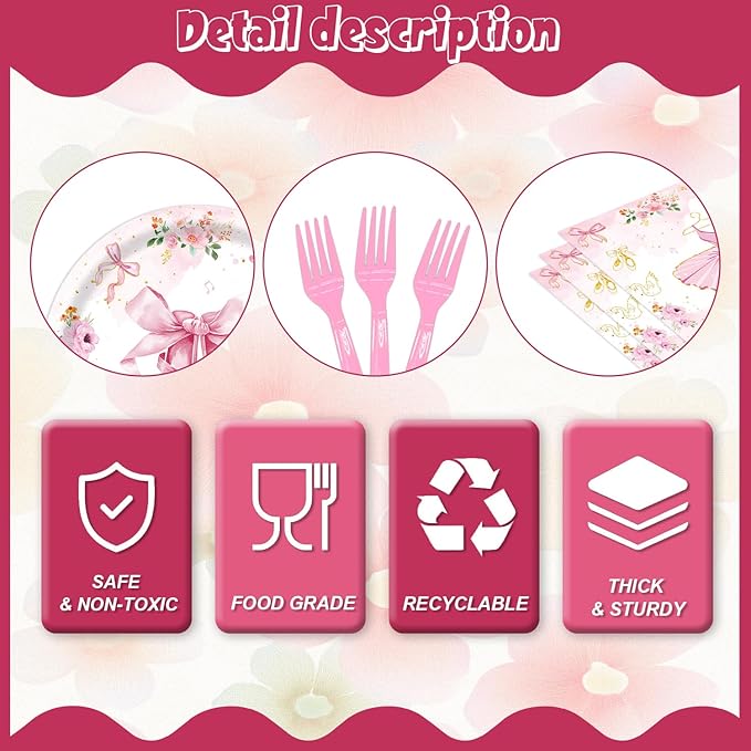 96Pcs Ballerina Birthday Party Decorations for 24 Guests - Disposable Tableware Ballerina Supplies Party Favors Plates and Napkins Forks for Girls Baby Shower Birthday Decorations