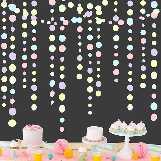 Pastel Party Decorations Blue Purple Pink Yellow Green Circle Dots Garland Hanging Paper Polka Dot Streamer for Birthday Baby Shower Wedding Bridal Shower Macaron Spring Easter Party Supplies
