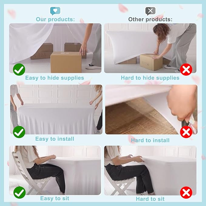 1 Pack White Table Clothes for 8 Foot Rectangle Tables, One-Piece Wrinkle Resistant Stretch Spandex Table Covers with Skirt for Event Banquet Wedding Birthday Party