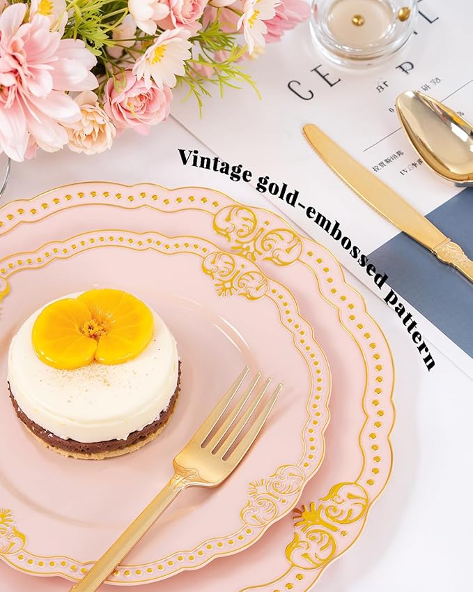 Ciaell 350 PCS Pink Plastic Plates - Pink and Gold Disposable Plates Include 50 Disposable Plate, 150 Heavy Duty Silverware, 50 Cups, 50 Napkins for Wedding & Party & Anniversary