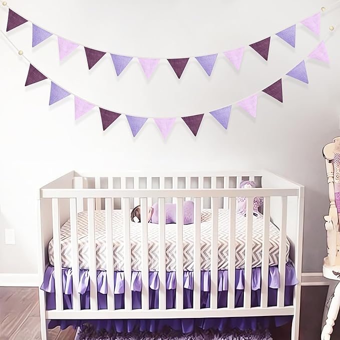 2 Sets of Gradient Purple Nursery Garland 24Pcs Purple Fabric Linen Pennant Banner Flags Triangle Streamers for Kids Dorm Room Decor Girls Lavender Birthday Baby Shower Boho Wedding Party Decorations