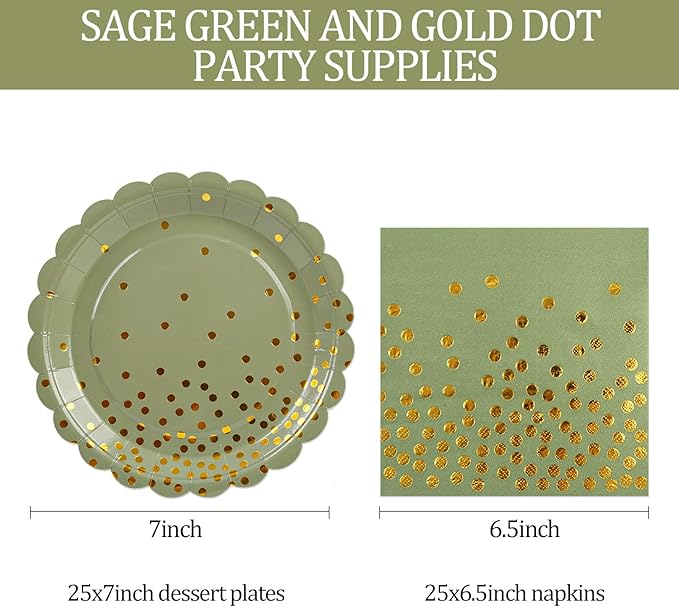 50pcs Sage Green Paper Plates and Napkins Set, 7Inch Sage Green and Gold Dot Disposable Party Plates Set for Baby Shower Birthday Wedding Christmas Party Supplies and Decorations