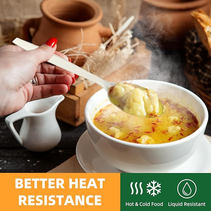 100% Compostable Disposable Spoons, 6.7" 150pcs Heavy Duty Utensils Eco-Friendly Cornstarch Cutlery Durable and BPI-Certified Party Supplies No Plastic, Ivory White