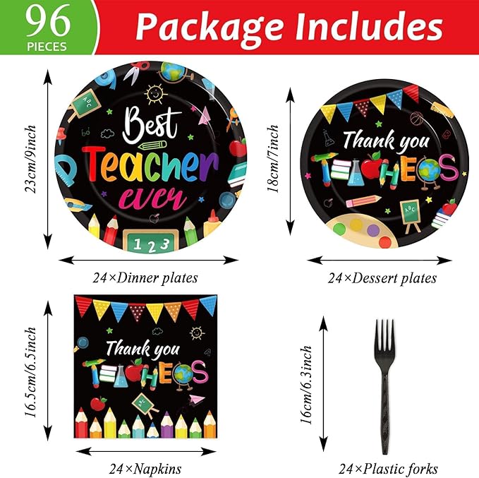 96 Pieces Teacher Appreciation Party Plates Thank You Theme Party Decorations Cartoon Best Teacher Paper Plates and Napkins Thank You Disposable Dessert Tableware Set Graduation Supplies 24 Guests