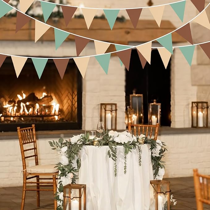 32Ft Sage Green Brown Triangle Flag Fabric Banner Pennant Bunting Garland Streamers for Birthday Wedding Baby Shower Jungle Safari Summer Woodland Camping Outdoor Picnic Garden Party Decorations