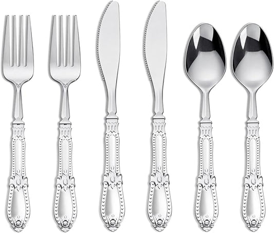 Nervure 300PCS Silver Plastic Silverware - Heavy Duty Disposable Cutlery Set,Luxury Silver Plastic Utensils include 100Pcs Forks, 100Pcs Spoons, 100pcs Knives Perfect for Wedding,Party,Daily Use