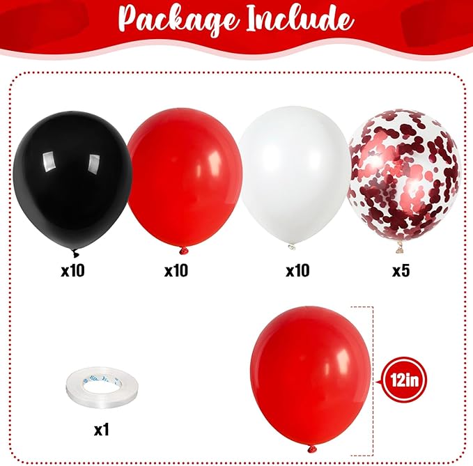 Red Black and White Balloons, 12 Inch Matte Red Black and White with Red Confetti Helium Latex Balloons Set for Boys Casino Racing Theme Birthday Wedding Baby Shower Graduation Party Decorations