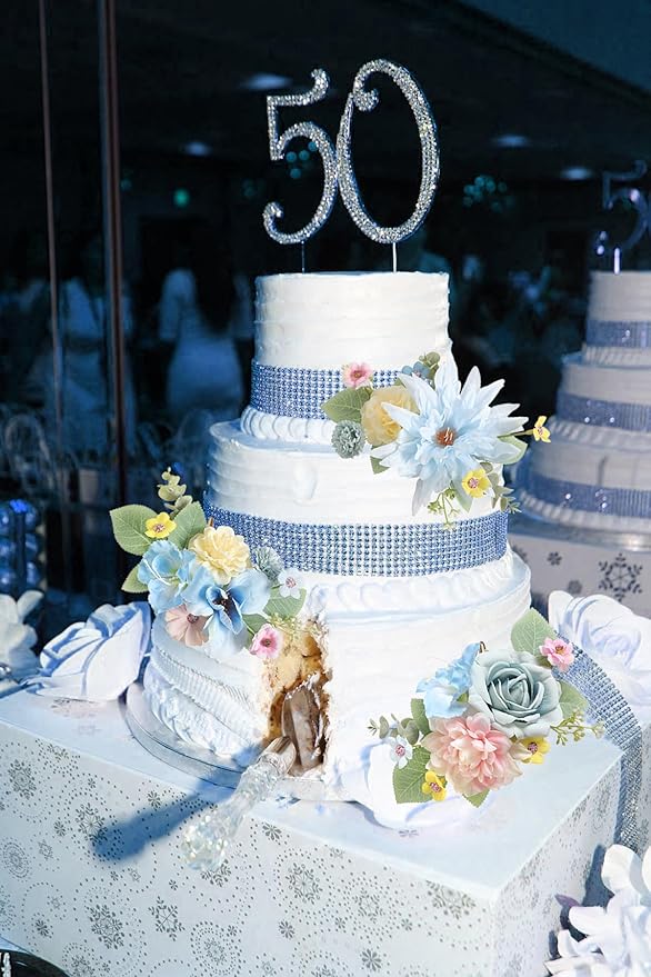 Cake Toppers Flowers,3 Pieces Hand-made Silk Flowers Cake Decorations for Birthday Baby Shower Wedding Valentine's Day Celebration Boho Party Supplies (Blue Pink)